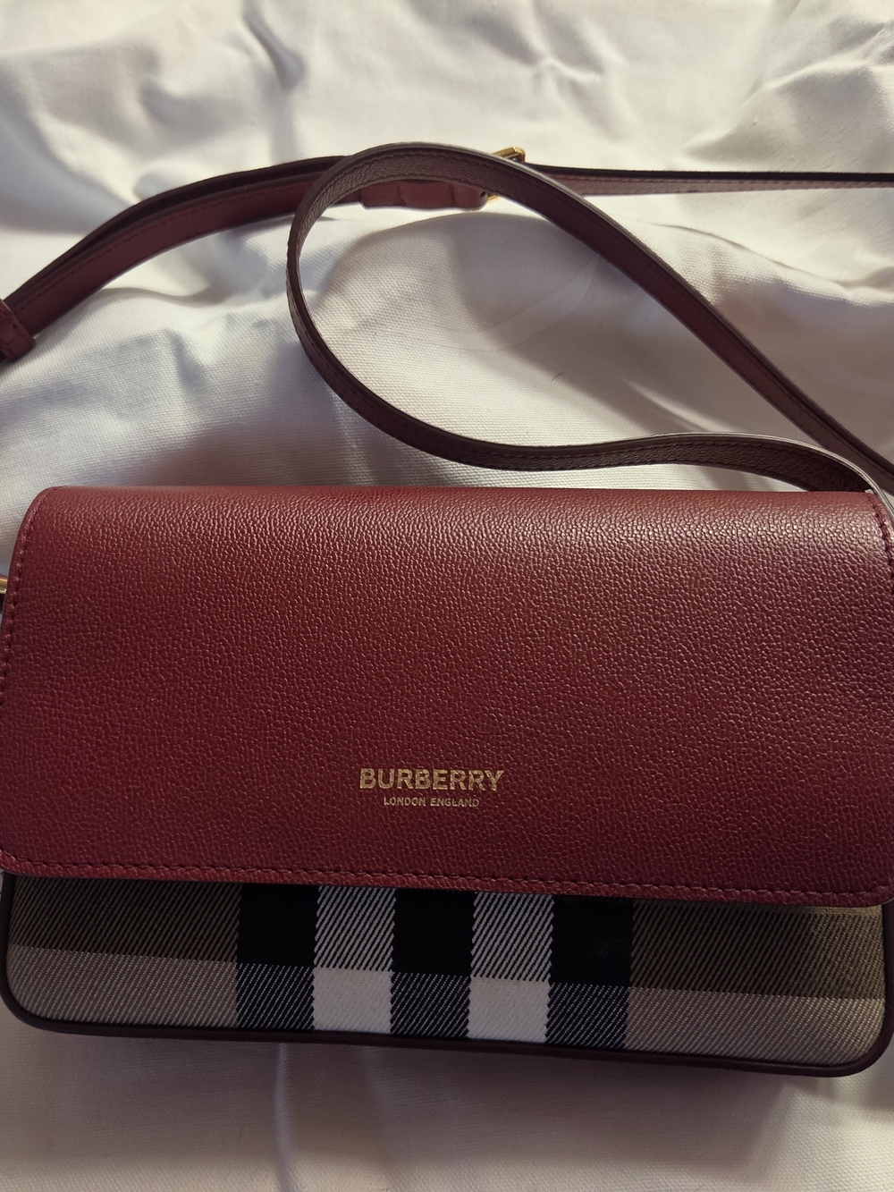 Burberry Burgundy Leather and Check Crossbody Bag
